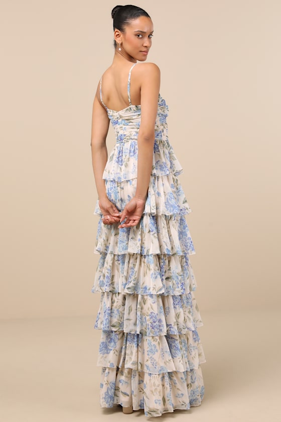 Lulus Arata Beige And Blue Floral Cutout Tiered Maxi Dress