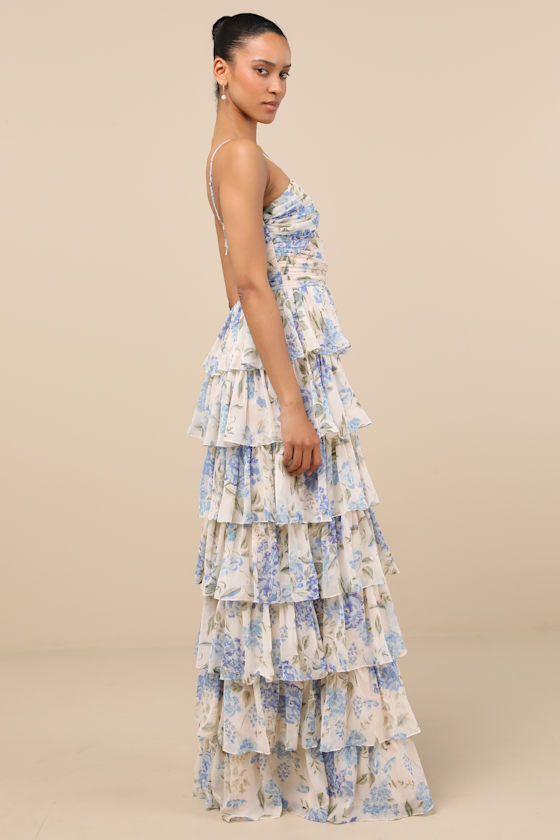 Lulus Arata Beige And Blue Floral Cutout Tiered Maxi Dress