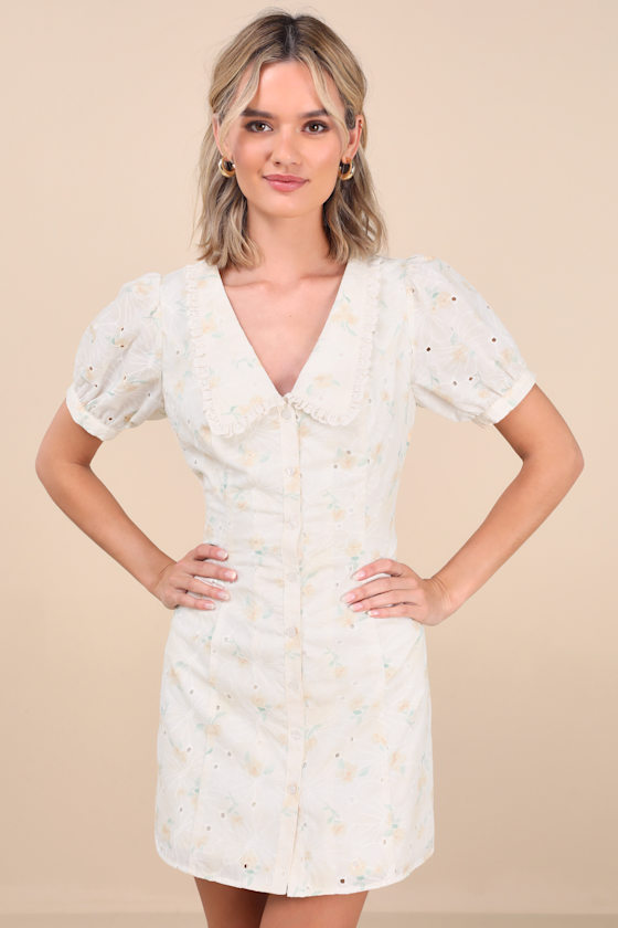 Lulus Natasa Light Yellow Floral Button-front Mini Dress In Light Yellow