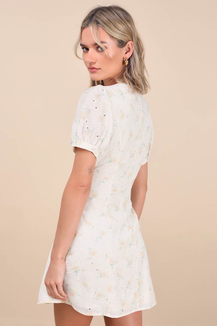 Natasa Light Yellow Floral Button-Front Mini Dress