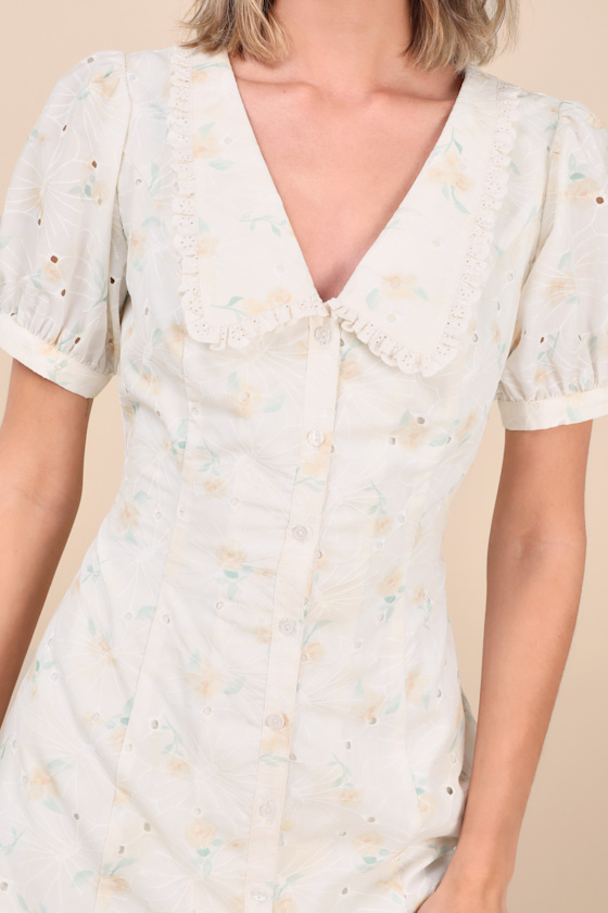Lulus Natasa Light Yellow Floral Button-front Mini Dress In Light Yellow