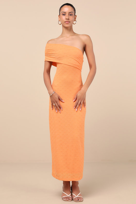 Image of Domicia Light Orange Ribbed One-Shoulder Maxi Dress