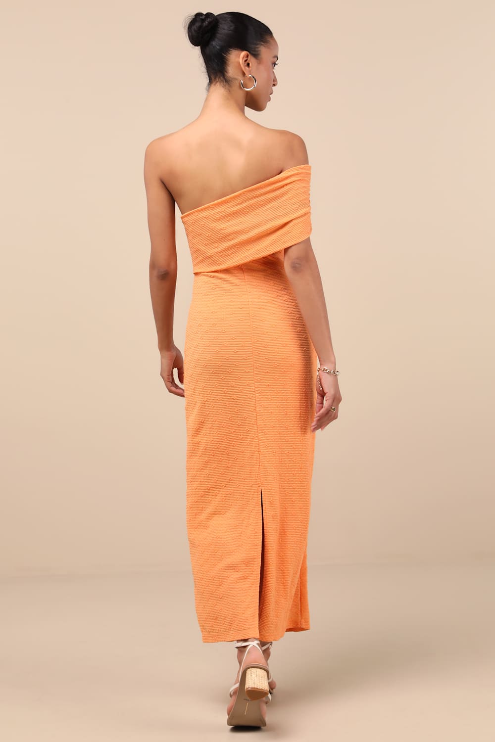 Domicia Light Orange Ribbed One-Shoulder Maxi Dress