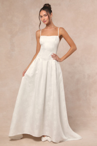 Arabella White Jacquard Basque Waist Maxi Dress 1