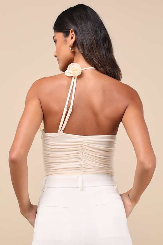 Lulus Elyas Cream Mesh Ruched Rosette Backless Bodysuit In White