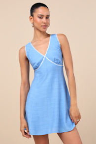 Arelie Blue Rickrack Linen Mini Dress 1