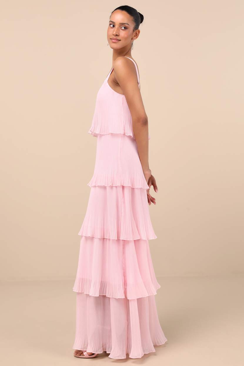 Elegant Nature Blush Pink Pleated Sleeveless Tiered Maxi Dress