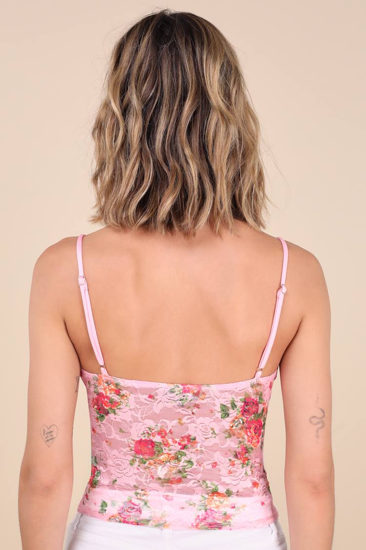 Precious Flirt Pink Floral Sheer Lace Cropped Cami Top