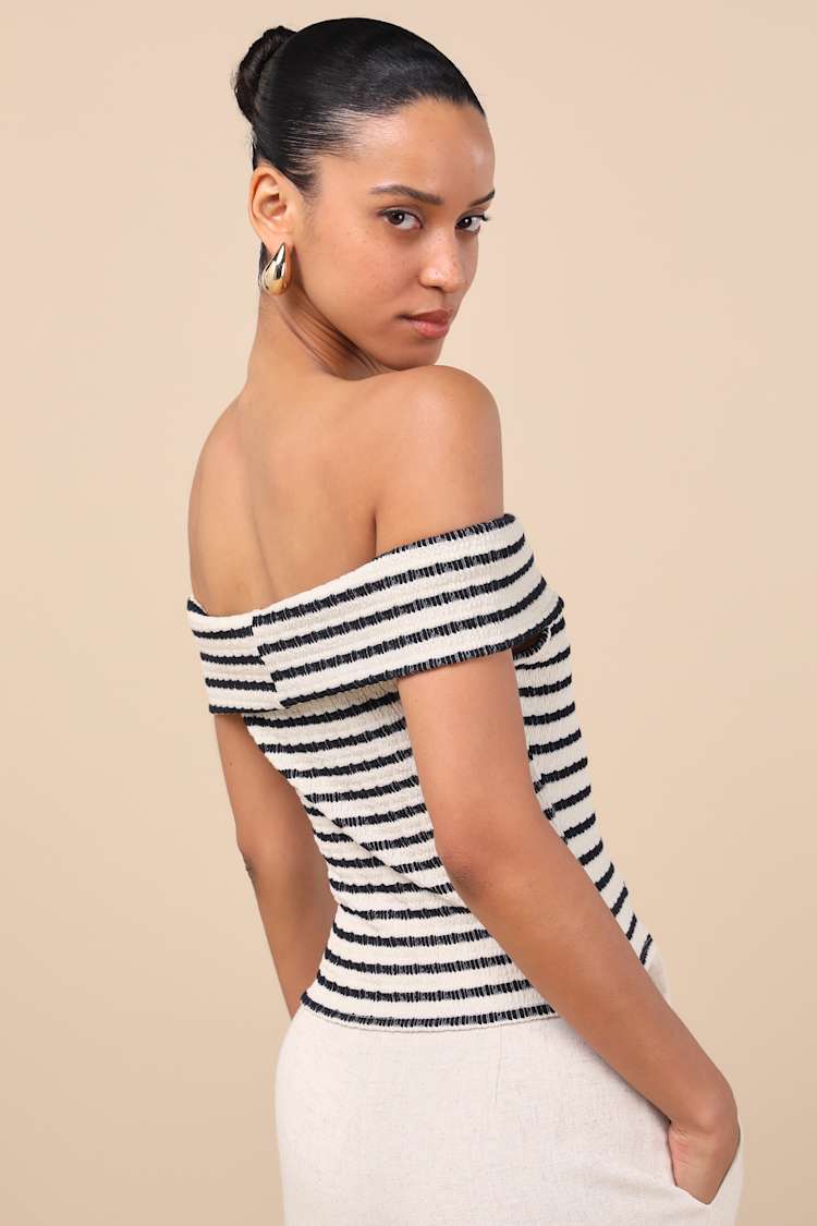 Lucilia Cream Striped Textured Knit Off-the-Shoulder Top