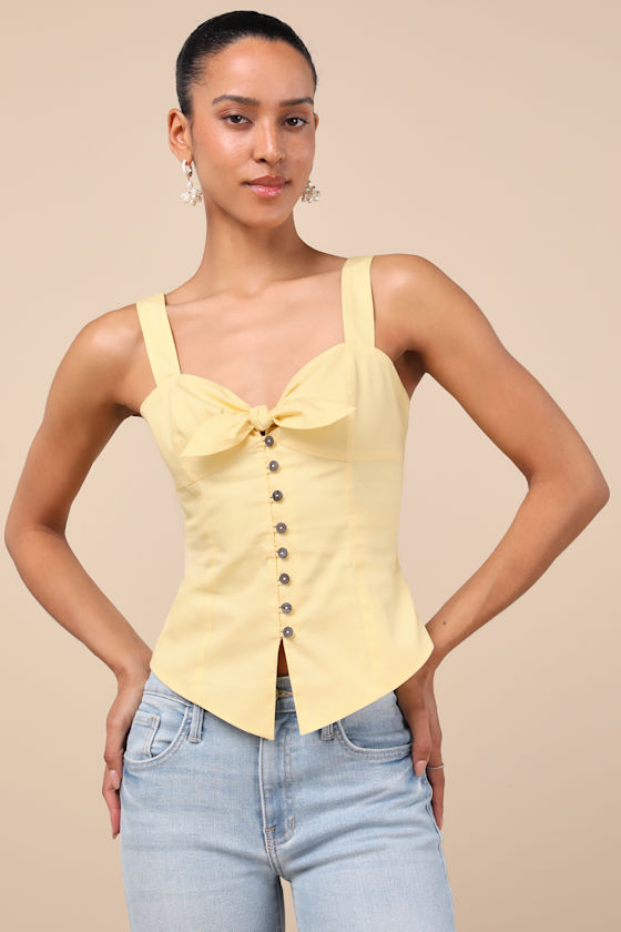 LULUS EARLENE LIGHT YELLOW TIE-FRONT BUTTON-UP TANK TOP