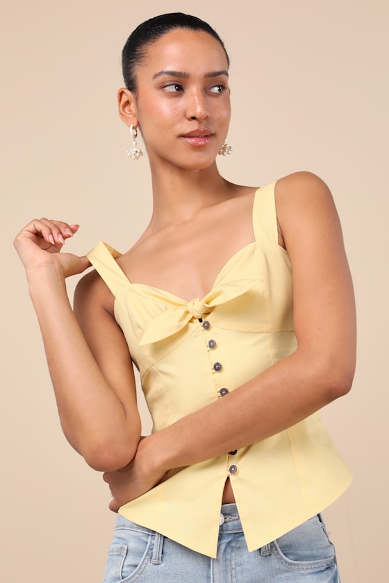 LULUS EARLENE LIGHT YELLOW TIE-FRONT BUTTON-UP TANK TOP