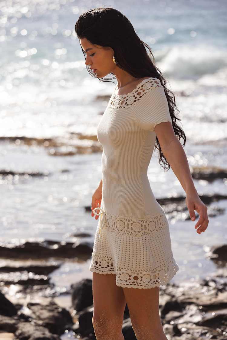 Libra Cream Ribbed Crochet Drop Waist Mini Dress