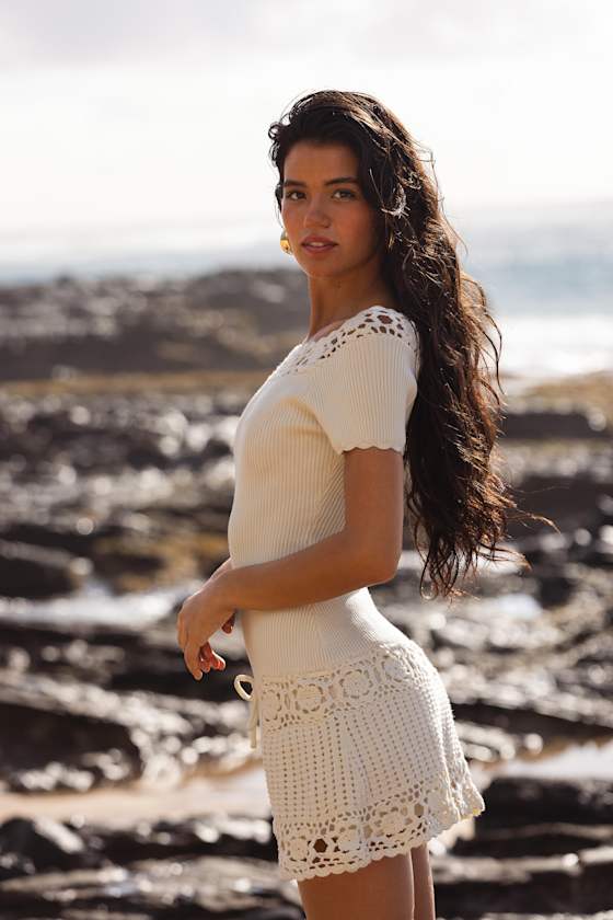 Frankies Bikinis Libra Cream Ribbed Crochet Drop Waist Mini Dress In White