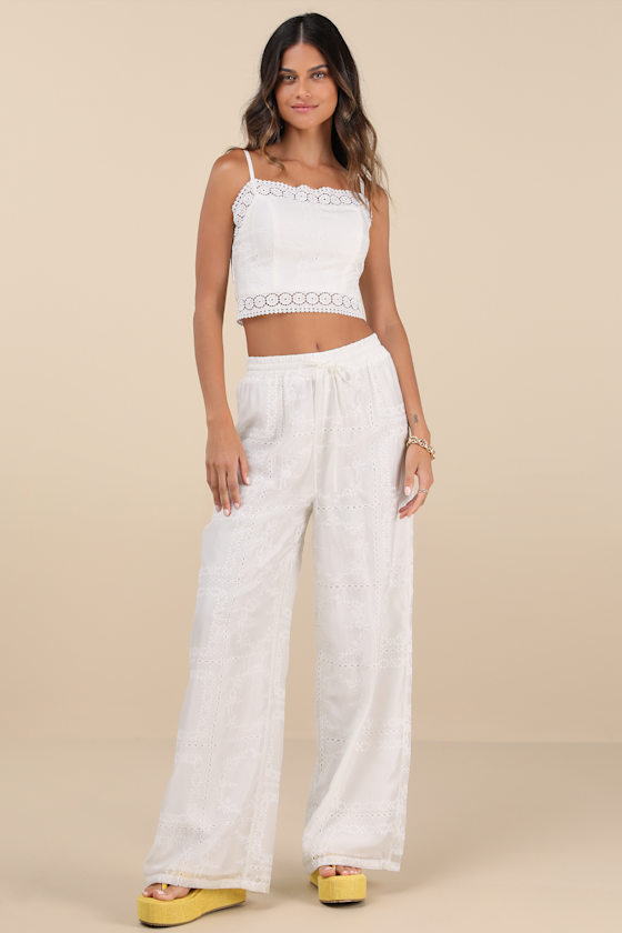 Lulus Anthoula White Eyelet Embroidered Drawstring Pants In White