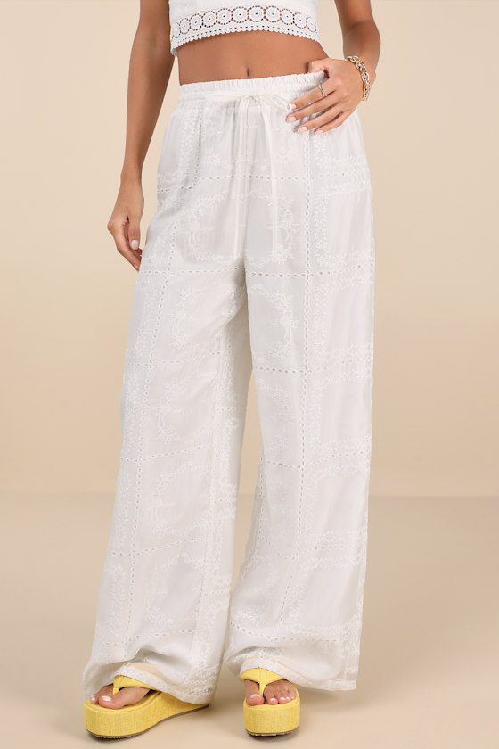Lulus Anthoula White Eyelet Embroidered Drawstring Pants In White