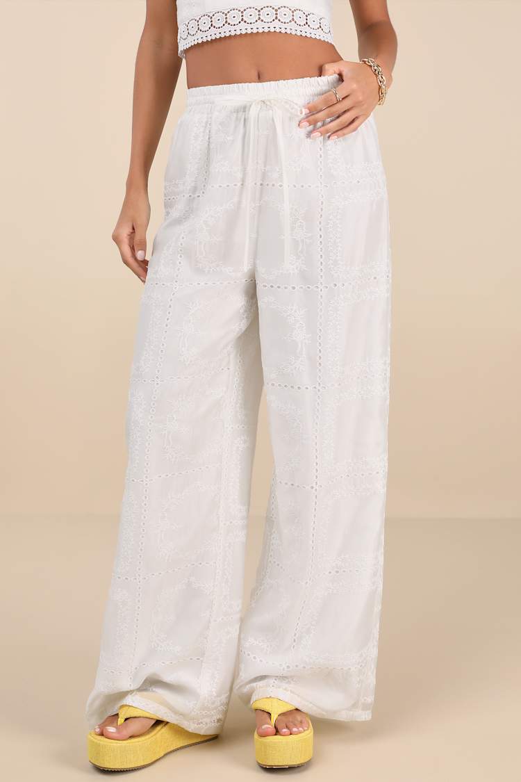 Anthoula White Eyelet Embroidered Drawstring Pants