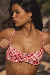 Cola Red Plaid Bow Underwire Bikini Top 3