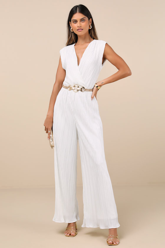 Lulus Firenze White Plisse Surplice Sleeveless Wide-leg Jumpsuit In White