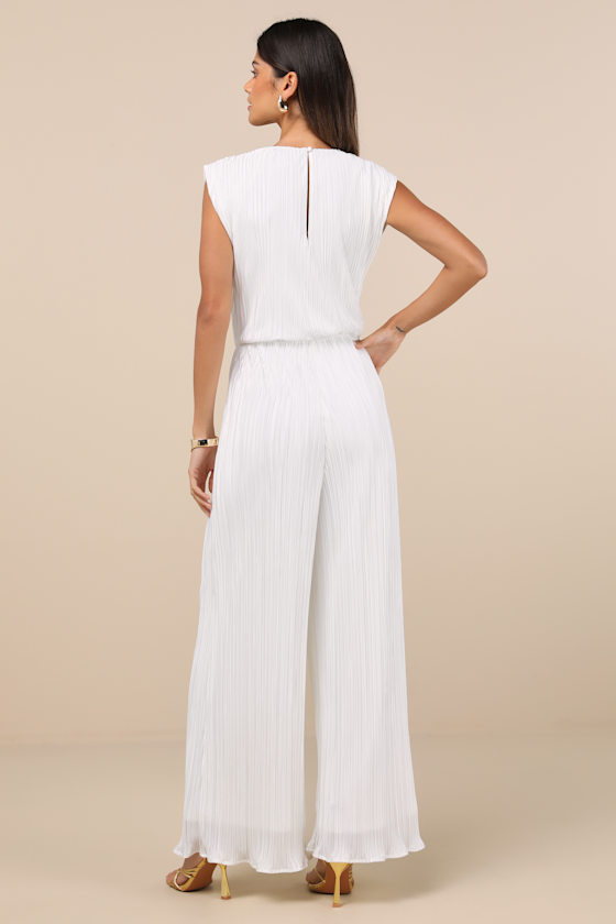 Lulus Firenze White Plisse Surplice Sleeveless Wide-leg Jumpsuit In White