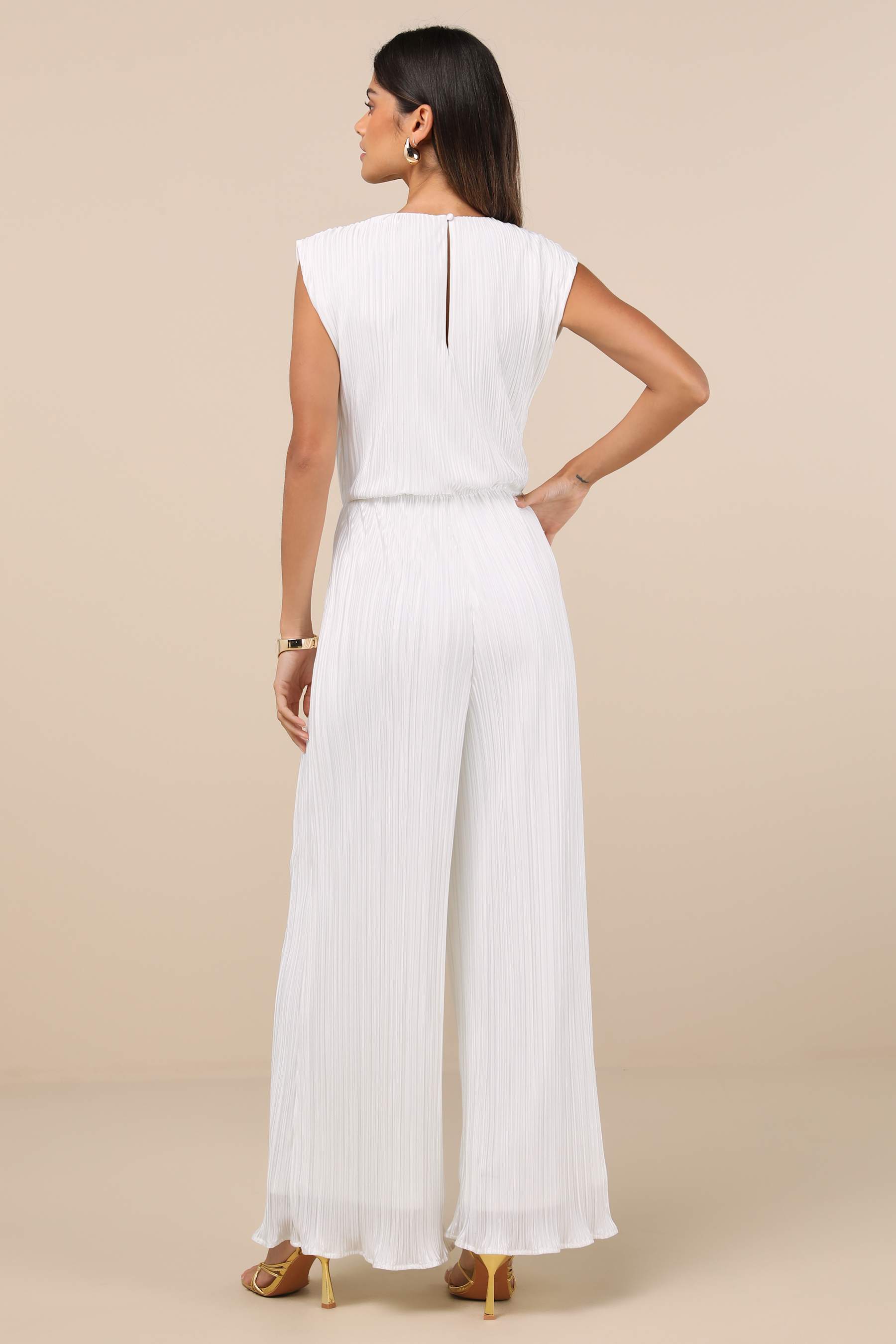 Firenze White Plisse Surplice Sleeveless Wide-Leg Jumpsuit