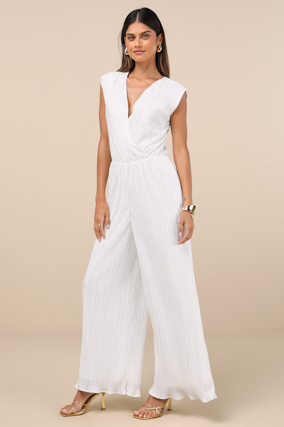 Lulus Firenze White Plisse Surplice Sleeveless Wide-leg Jumpsuit In White