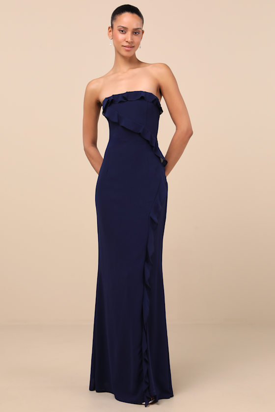 Lulus Excellent Sensation Navy Strapless Ruffled Maxi Dress In Navy