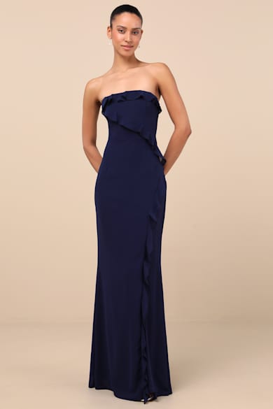 strapless open back dress High Low V Neck Puffy Dark Navy Blue Tulle Long Prom Dresses, High Low –  Shiny Party main image 0