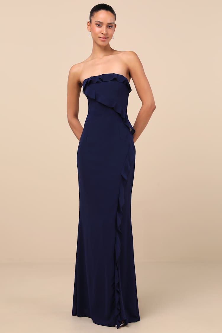 Excellent Sensation Navy Strapless Ruffled Maxi Dress