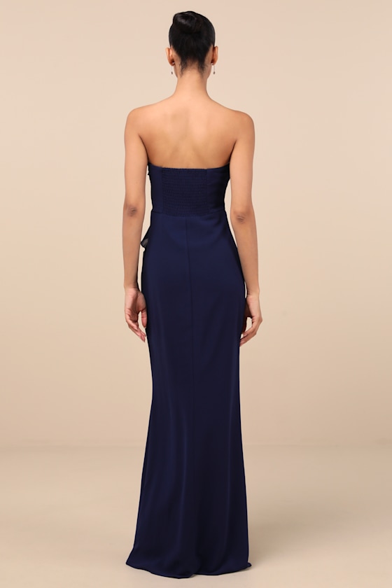 Lulus Excellent Sensation Navy Strapless Ruffled Maxi Dress In Navy