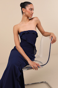 Excellent Sensation Navy Strapless Ruffled Maxi Dress
