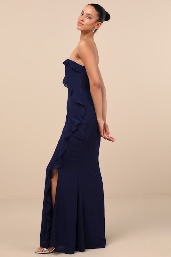 Lulus Excellent Sensation Navy Strapless Ruffled Maxi Dress In Navy
