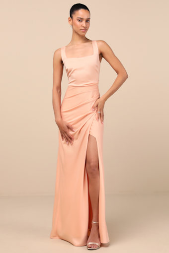 Red Carpet Romance Peach Satin Square Neck Maxi Dress 1
