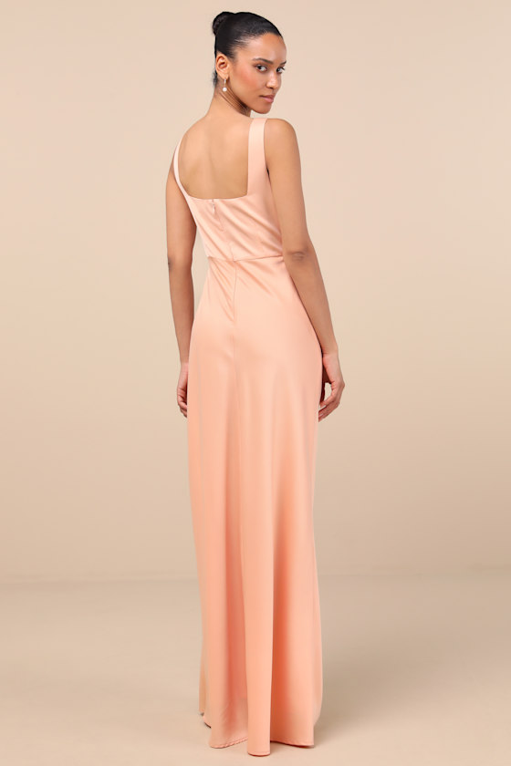 Red Carpet Romance Peach Satin Square Neck Maxi Dress 4