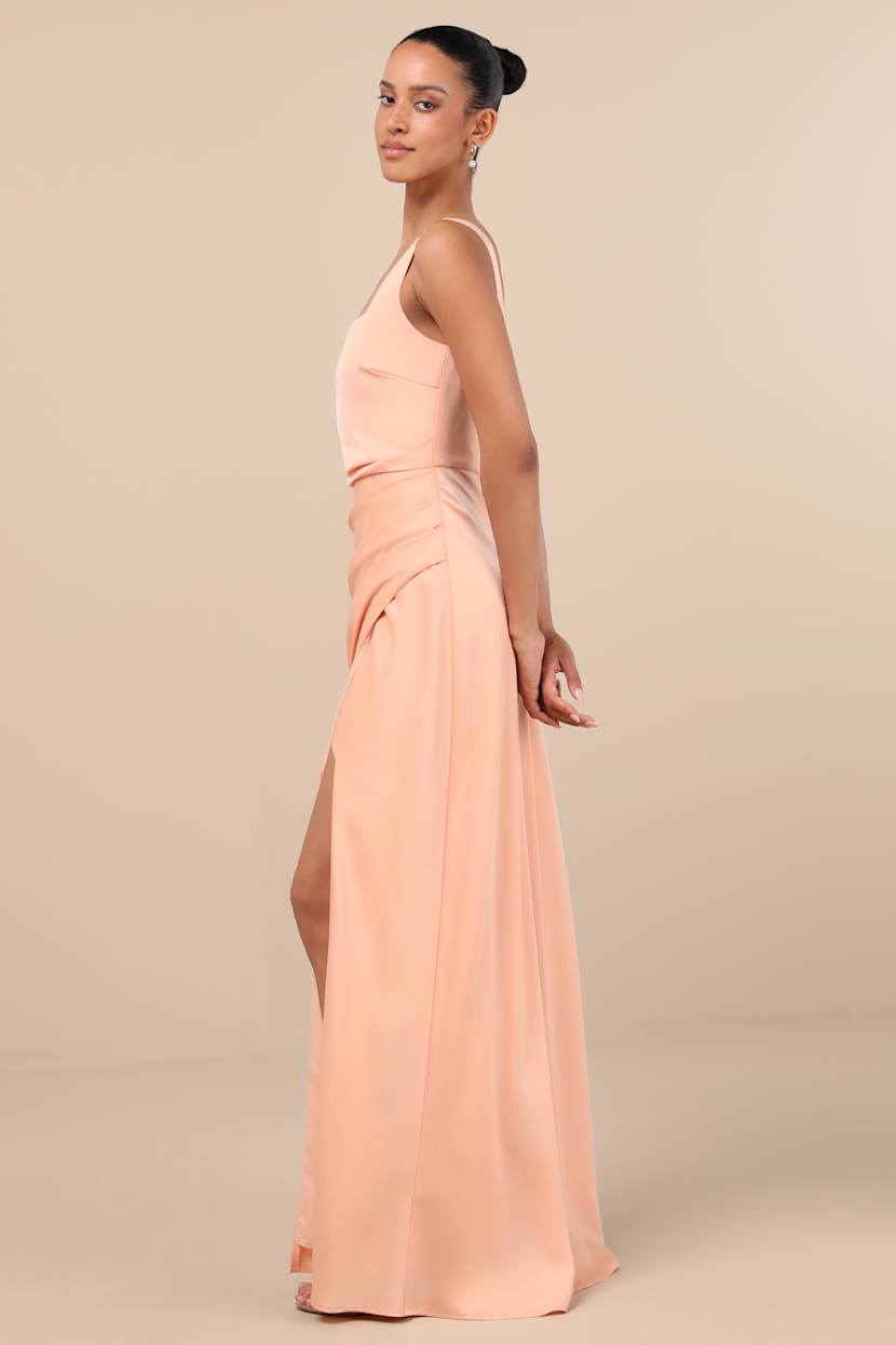 Red Carpet Romance Peach Satin Square Neck Maxi Dress