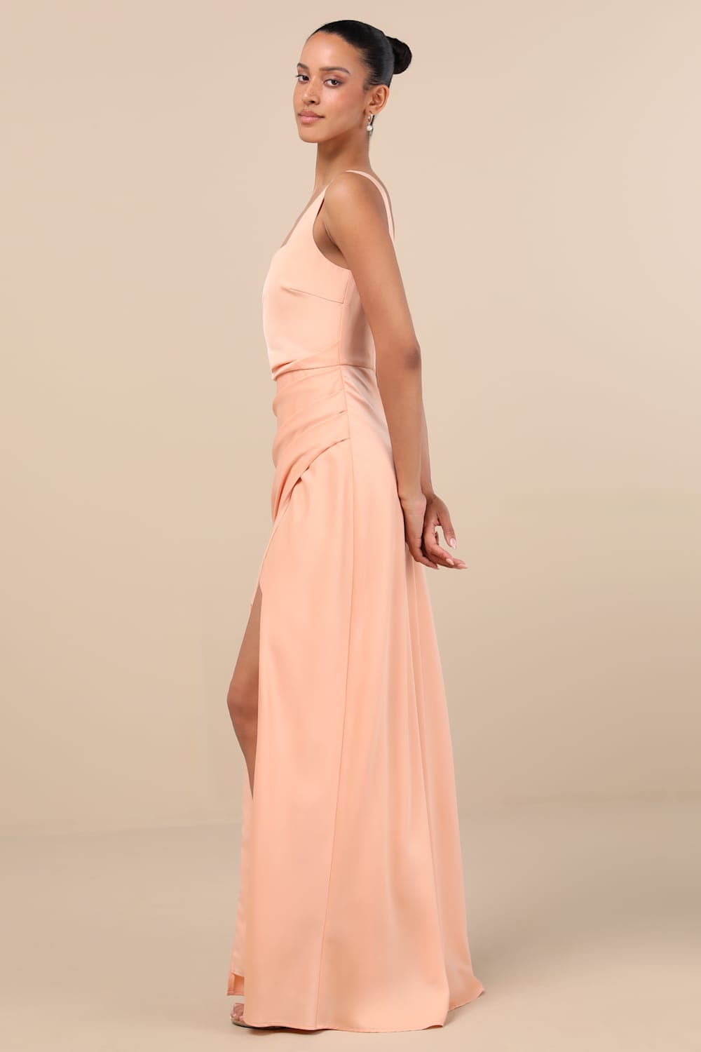 Red Carpet Romance Peach Satin Square Neck Maxi Dress