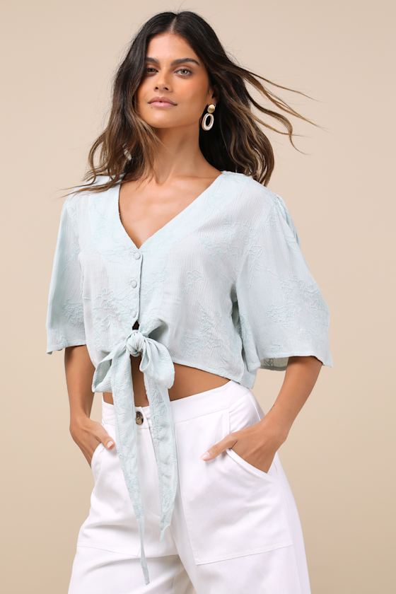 Lulus Delightful Darling Mint Floral Embroidered Tie-front Crop Top In Blue
