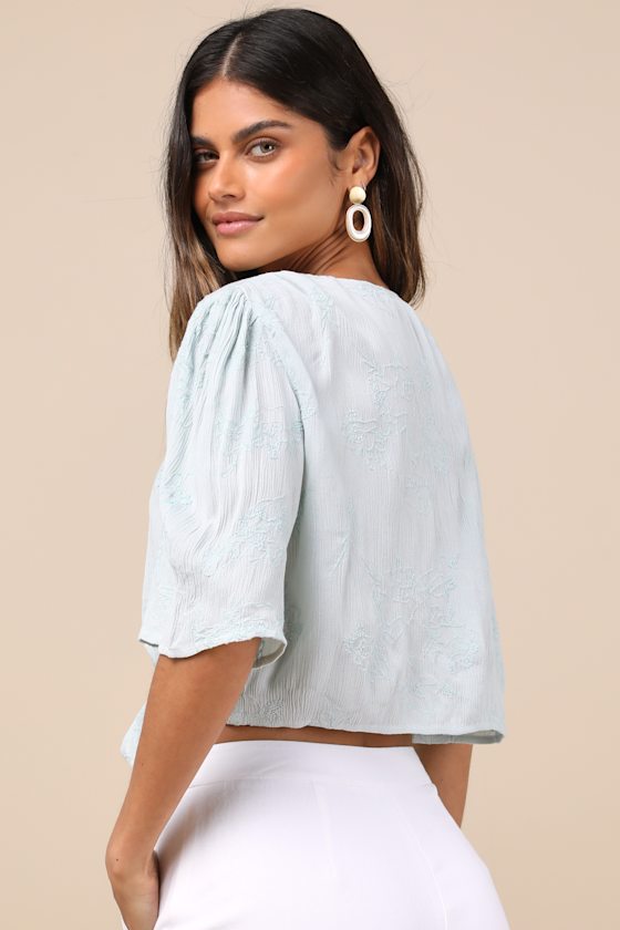 Lulus Delightful Darling Mint Floral Embroidered Tie-front Crop Top In Blue