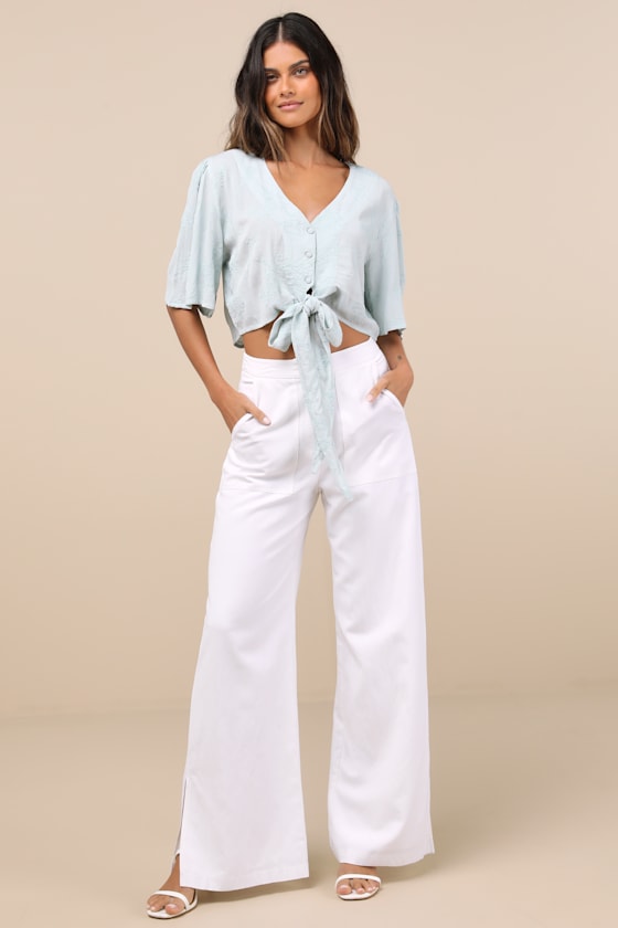 Lulus Delightful Darling Mint Floral Embroidered Tie-front Crop Top In Blue
