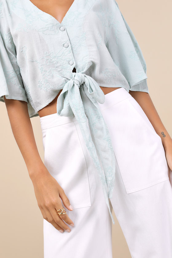 Lulus Delightful Darling Mint Floral Embroidered Tie-front Crop Top In Blue