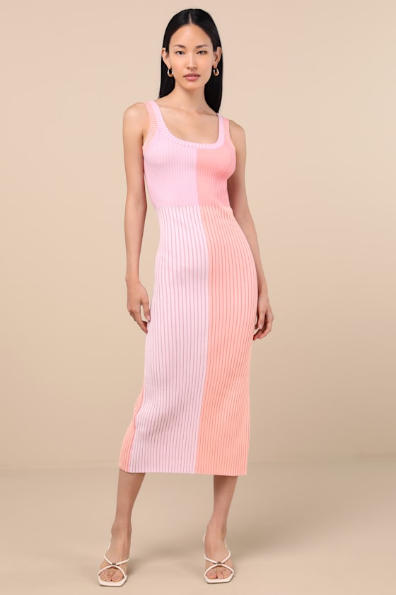 Shop Lulus Radiant Personality Pink Color Block Ribbed Knit Midi Dress