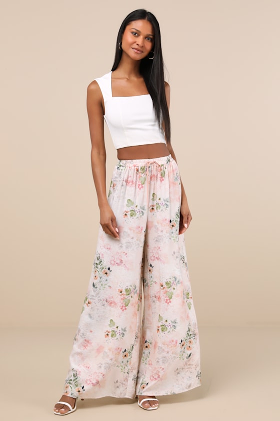 Lulus Uvani White Multi Floral Wide-leg Drawstring Pants In White