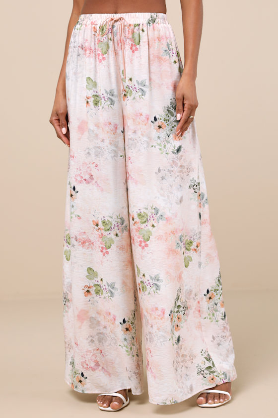 Lulus Uvani White Multi Floral Wide-leg Drawstring Pants In White