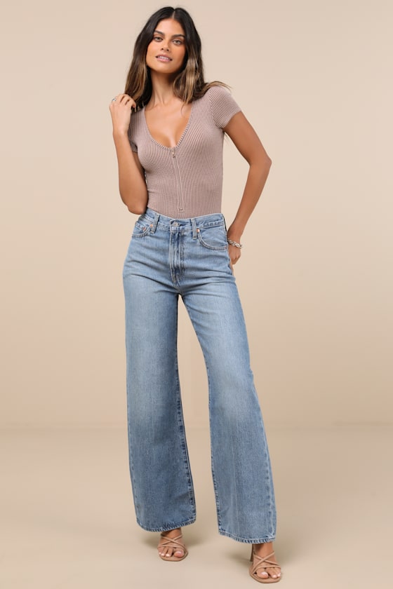 Lulus Najya Taupe Ribbed Knit Zip-front Short Sleeve Bodysuit In Taupe