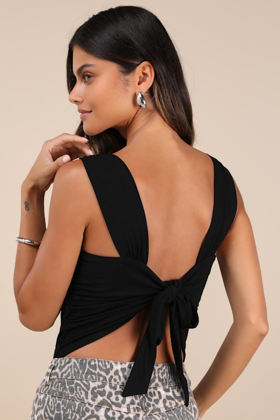 Lulus Cut Out For Summer Black Ruched Tie-back Bodysuit In Black