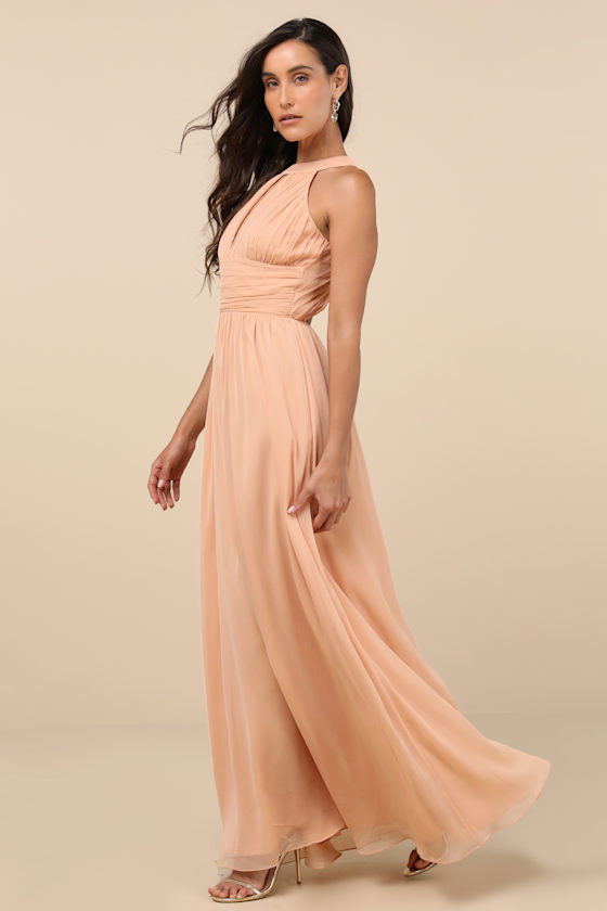 Peach Chiffon Maxi Dress - Pleated Maxi Dress - Backless Gown - Image 3
