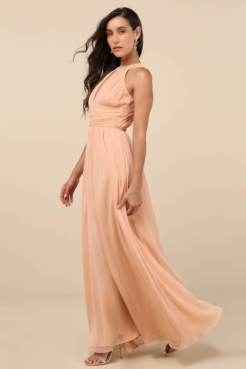 Peach Chiffon Maxi Dress - Pleated Maxi Dress - Backless Gown - Lulus