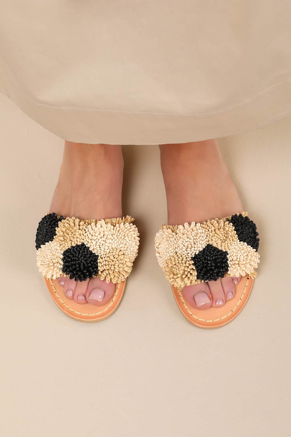 Danela Black and Natural Raffia Slide Sandals
