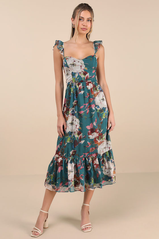 Jenneth Teal Floral Ruffled Midi Dress