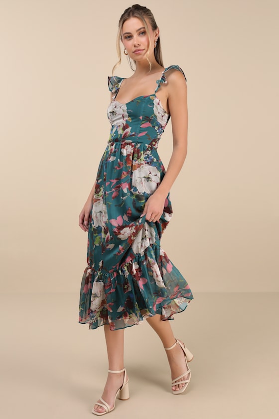 Lulus Jenneth Teal Floral Ruffled Midi Dress In Teal