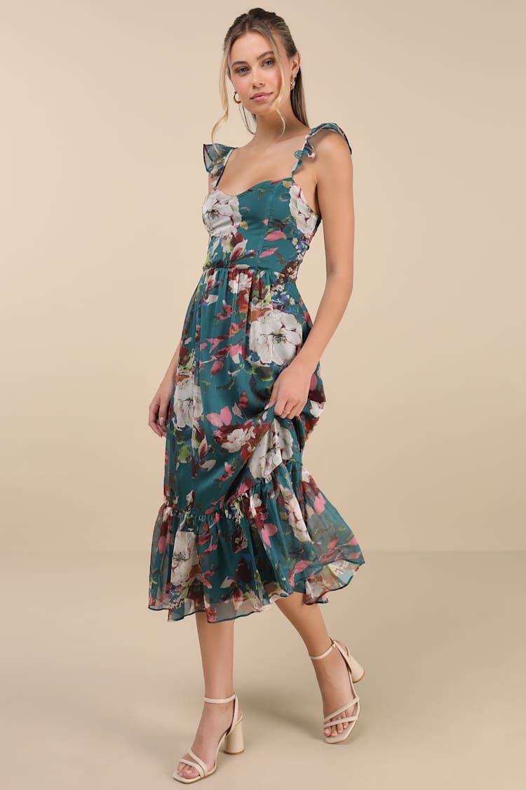 Jenneth Teal Floral Ruffled Midi Dress